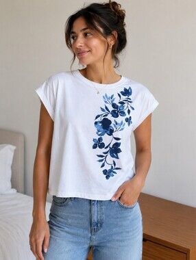 EDISTA White Tee with Blue Floral Print